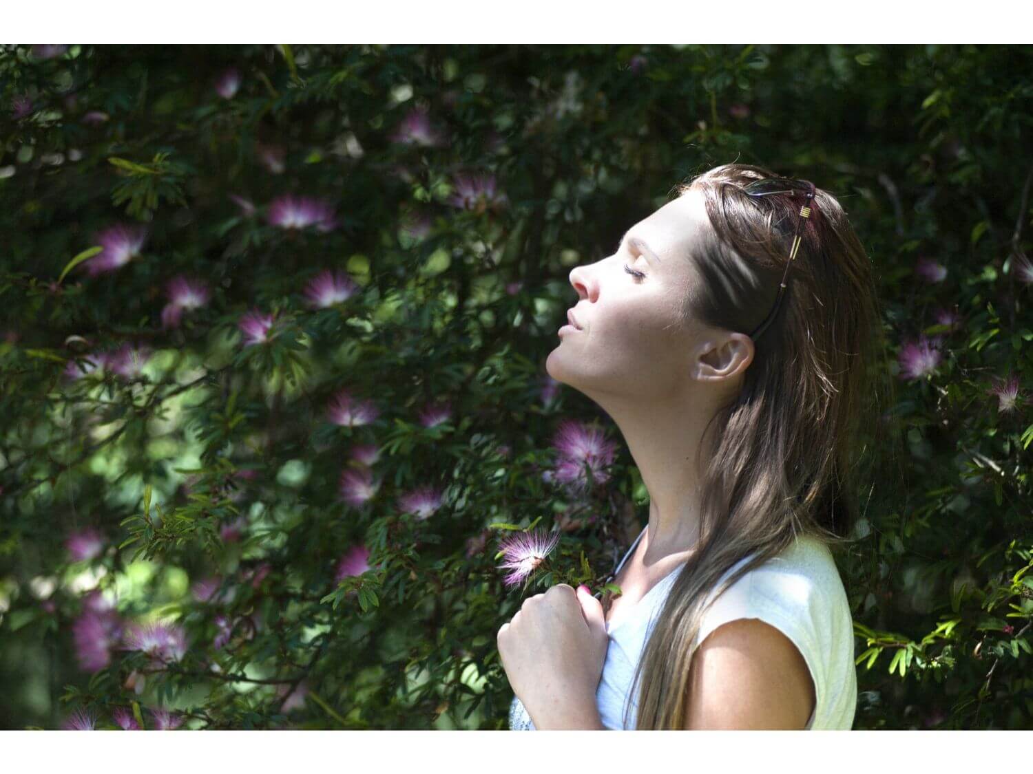 A woman breathing deeply